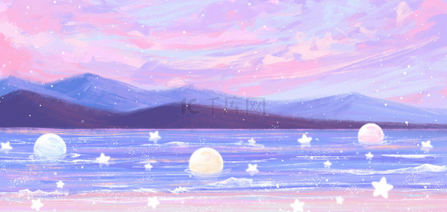 夏天海边紫色手绘风唯美风景海报