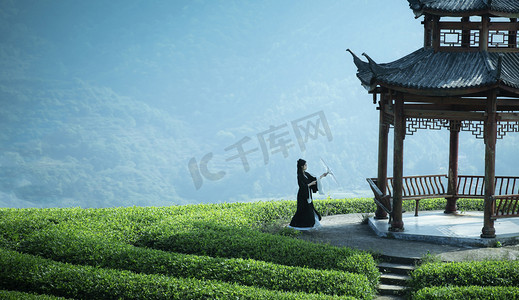 夏日古风摄影照片_茶园里的古装女孩摄影图配图