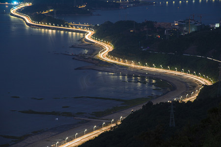 公路夜景摄影照片_温州洞头海边公路摄影图配图