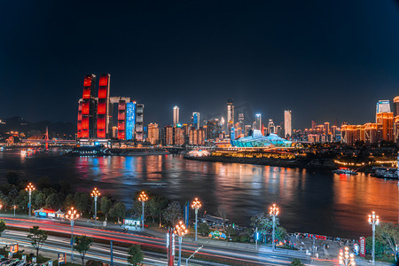 重庆两江交汇城市建筑夜景灯光摄影图配图