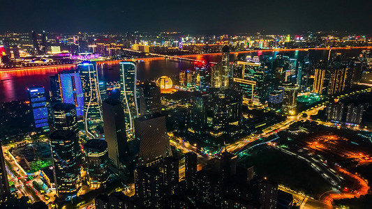 航拍杭州城市CBD繁华全貌夜景