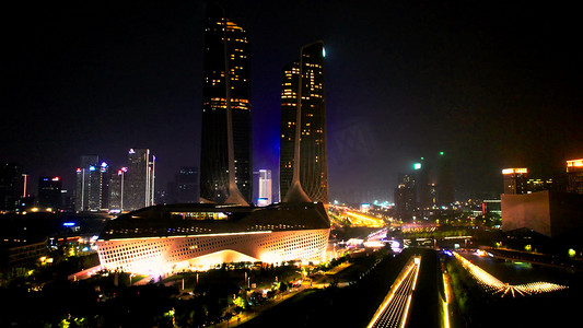 航拍江苏南京地标河西保利大剧院夜景