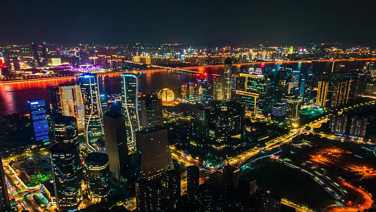 航拍杭州城市CBD繁华全貌夜景天际线