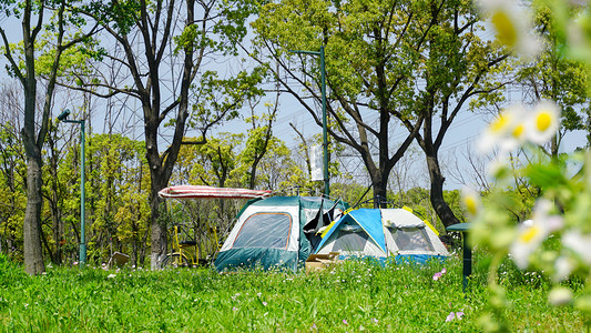露营躺平摄影照片_夏天露营草地帐篷户外郊游摄影图配图