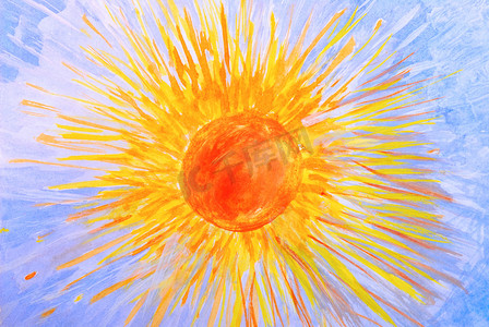 太阳内核摄影照片_用手画水粉。太阳和天空