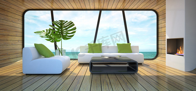 木摄影照片_现代室内装饰的海滨别墅