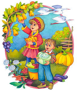 水彩卡通水果摄影照片_在秋天的儿童