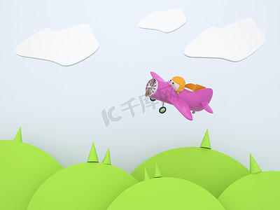 粉红色卡通飞机飞越景观