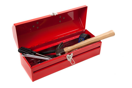 红色目标框摄影照片_红色金属工具箱中的工具