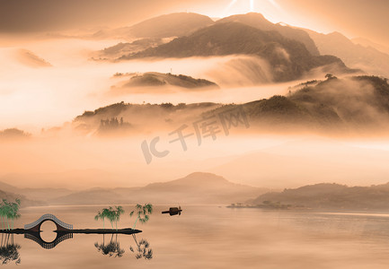 山水画背景摄影照片_中国山水画-日落的渔夫