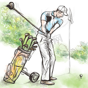 流行手绘摄影照片_高尔夫玩家-手绘制，绘制插图