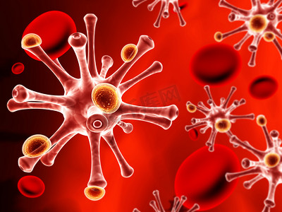 病原微生物摄影照片_血液中的巨噬细胞攻击病毒