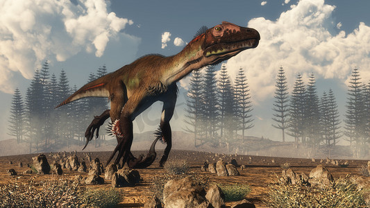 拱门犹他州拱门国家公园壁纸摄影照片_Utahraptor dinosaur in the desert - 3D render