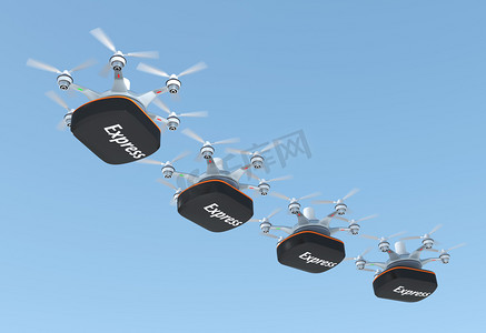 hexacopter摄影照片_行的无人机携带容器快速交货概念