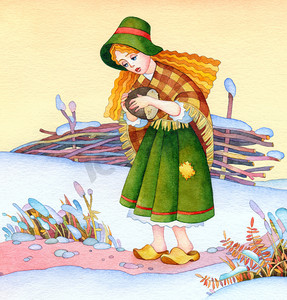 儿童郁闷摄影照片_幅水彩画。中世纪可怜的女孩，在冬天的旷野上