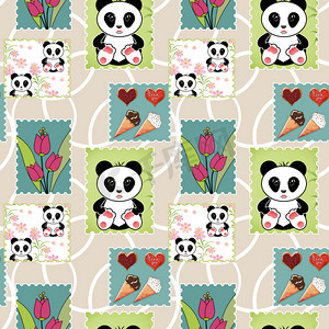 无缝亚洲熊猫熊孩子拼布设计背景模式