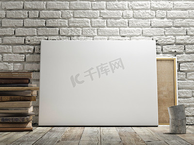 wintage摄影照片_小样在白色的砖墙，木地板和 wintge 背景的海报。水平的概念