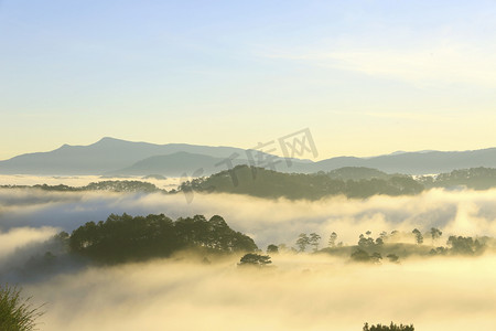 梦幻云背景摄影照片_梦幻般的迷雾森林与松树和山在阳光下