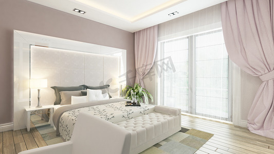 卧室门摄影照片_粉色的墙与现代卧室 3d 渲染