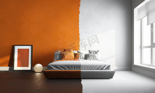 空卧室摄影照片_3d 建立其内部的橙白色卧室