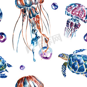 水母与海龟的无缝模式。水彩插图.