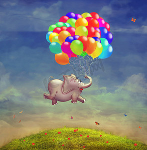 可爱的大象摄影照片_可爱的插图的气球在天空中飞行的大象