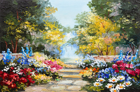 油画背景摄影照片_油画风景-多姿多彩的夏天森林、 美丽的花朵
