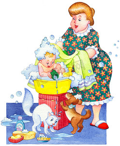 卡通可爱小狗女孩摄影照片_水彩插图。家庭在浴室洗