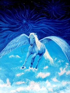 符手绘摄影照片_飞白色的飞马座马高挂在天空，美丽的详细布面油画