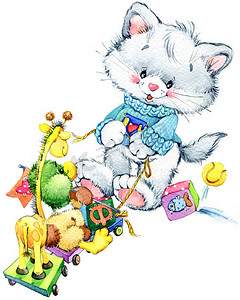 手绘可爱儿童动物摄影照片_逗小猫和有趣的鸭。孩子们祝贺的背景