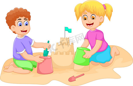 旅行女孩卡通摄影照片_有趣的小的男孩和女孩卡通玩沙子