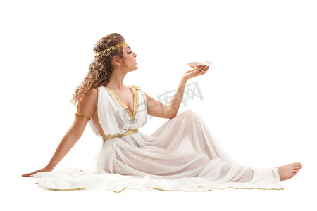 女神摄影照片_系列: 古典希腊女神在鳞茎皮拿着碗