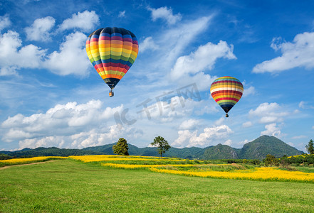热气球在黄花场与山和蓝色天空背景