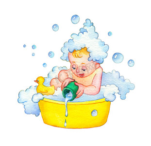 Watercolor illustration. Child bathes