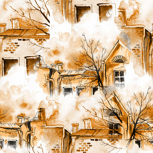 手绘树木树木背景摄影照片_春天，天空，树木，房屋
