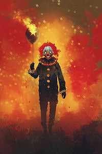 恐怖小丑摄影照片_邪恶的小丑，站着一个气球火背景