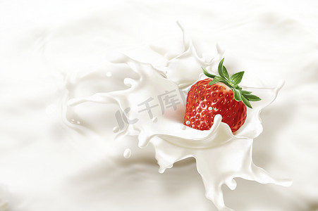 delicious摄影照片_Strawberry falling into a sea of milk, causing a splash.