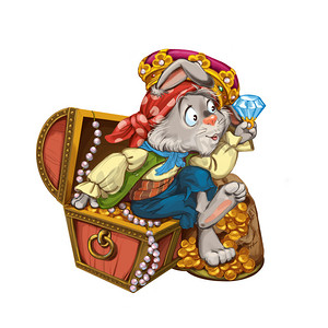 Cartoon hare pirate sits on a chest with jewelry.