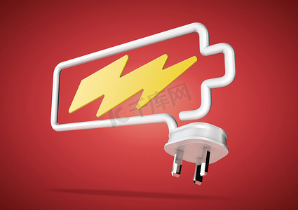 闪电摄影照片_电力电缆和插头使电池徽标以闪电般的博