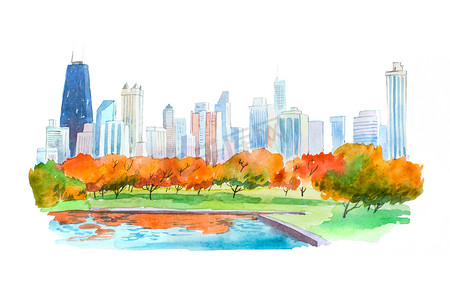 城市公园美丽的自然景观水彩插图的秋天.