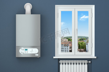 boiler摄影照片_Heating house. Gas boiler, window, heating radiator.