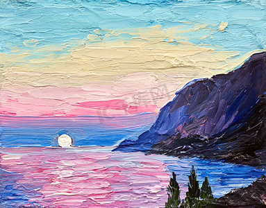 油画，粉红色日落，海山