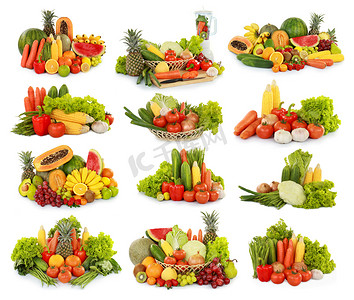 香蕉和西瓜摄影照片_白色背景的水果和蔬菜
