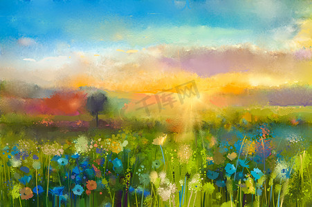 春天摄影照片_油画花蒲公英、 矢车菊，雏菊在字段中。日落的草甸景观与野花