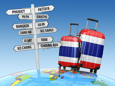 亚洲第一摄影照片_旅游概念。手提箱和路标在泰国访问什么