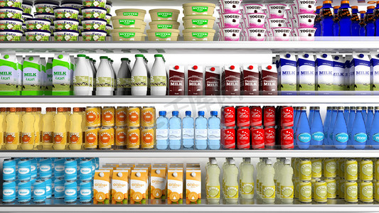 制冷器摄影照片_与各种产品超市冰箱 