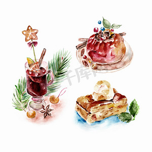 樱桃水彩画摄影照片_水彩圣诞甜点与甜酒设置