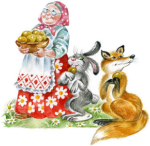 坪摄影照片_性格开朗祖母与板的糕点、 娱乐性野兔和狐狸