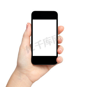 iphone手机白色摄影照片_孤立的女人只手握住手机平板触摸电脑 gadg