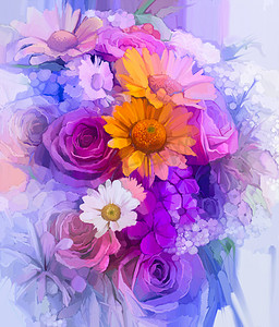 oil摄影照片_Still life of yellow, red and pink color flower. Oil Painting - Colorful Bouquet of rose, daisy and gerbera flowers.